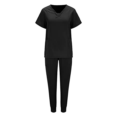 rtdgcv Damen Sportanzug Set Top Gerippt Einfarbiges Damen-T-Shirt mit Tasche und V-Ausschnitt, einfarbig, Damen, neuer Sportklinik-Overall Faschingskostüm Partnerlook Damen Workout Set (Black, M)