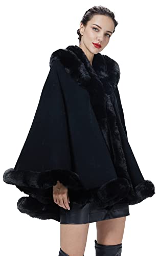 BEAUTELICATE Kunstpelz Stola Umhang Damen Poncho Cape Mit Kapuze Für Winter Hochzeit Abend Braut (Schwarz mit Pelzkragen,Einheitsgröße)