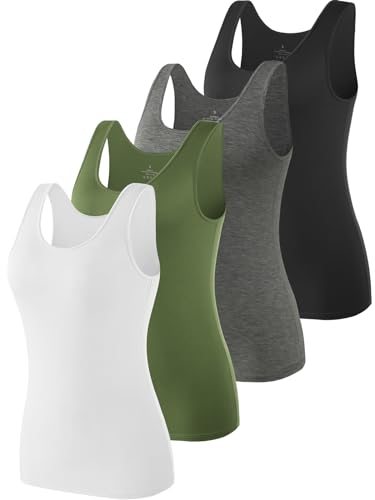vislivin Elastische Tank Tops für Damen Unterhemden 4er Pack Schwarz/Dunkelgrau/Armeegrün/Weiß M