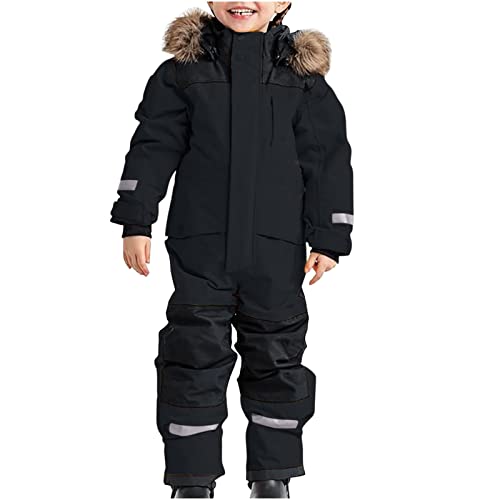 SKAJGL Schneeanzug Kinder Unisex Verdickt Warm Schneeoverall mit Kapuze und Taschen Skioverall Wasserdicht und Winddicht Winteranzug (DE/NL/SE/PL, Alter, 10 Jahre, 11 Jahre, Regular, schwarz)