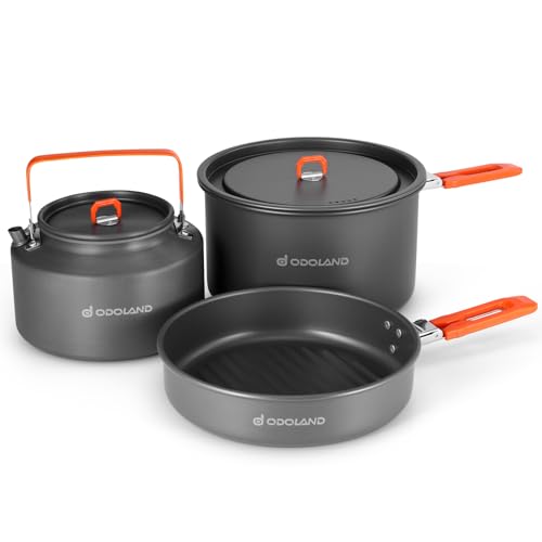 Odoland Camping Kochgeschirr SetCamping Kochgeschirr Set Outdoor Kochset mit Camping Topf 4 L, Teekessel 2 L, Bratpfanne 1.5 L, Kochgeschirr Set für Camping Outdoor Kochen Wandern Reisen