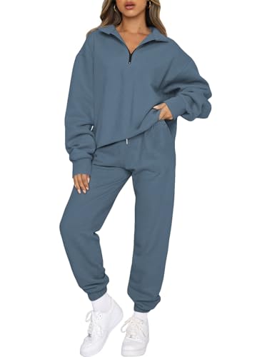 Aleumdr Zweiteiler Damen Lang Trainingsanzug Damen Jogginganzug Set Sweatshirt mit Reißverschluss Elegant Freizeitanzug set Damen Zweiteiler Set Sport Hosenanzug，Blau M