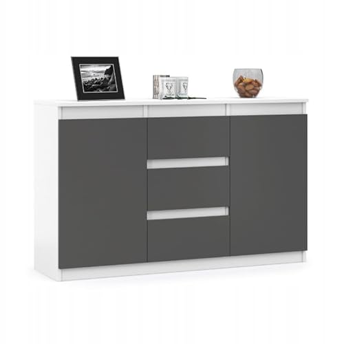 VBChome Kommode 120 x 35 x 75 cm mit 3 Schubladen und 2 Türen Weiß - Graphit Grifflose Schubladenkommode Mehrzweckschrank für Flur Schlafzimmer Wohnzimmer
