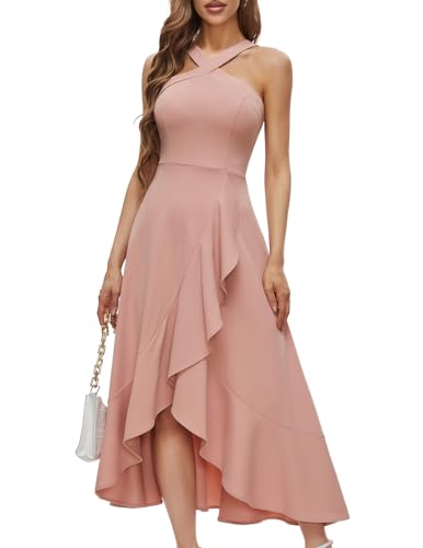 Bbonlinedress Sommerkleid Damen lang Abendkleider elegant für Hochzeit Brautjungfernkleider Neckholder High Low Cocktailkleid Party Strandkleid Blush M