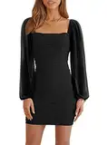 Wenrine Damen Mesh Langarm Square Neck Rüschen Party Club Cocktail Bodycon Mini Kleid(Schwarz,S)