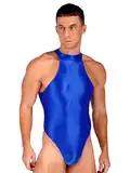 TiaoBug Herren ÖL Glanz Body Ärmellos/Kurzarm Bodysuit mit Bein Einteiler Kompression Unterwäsche Sport Trikot Leotard Blau D XL