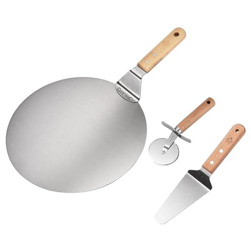 Kitchtic Pizza Serving Set aus 3 - Pizzaroller, Pizzaschieber und Pizzaschaufel, 25 cm silberner Pizzaschieber aus Edelstahl mit Holzgriff zum Backen von hausgemachter Pizza, raoclay