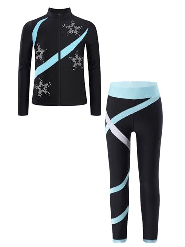 Freebily Kinder Trainingsanzüg Mädchen Eiskunstlauf Anzug Jacke Leggings Set Mit Strass-Stern Und Patchwork Eislaufen Sport Sweatsuit Tanzanzug Hellblau 122-128