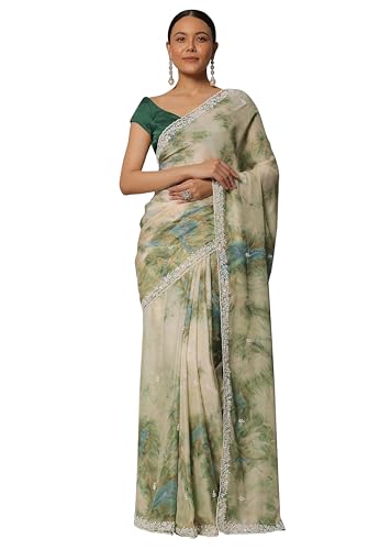 TRENDMALLS Damen Georgette Digital Printed Embroidery Saree with Unstitched Blouse Piece (K1137-Green), Grün , Einheitsgröße