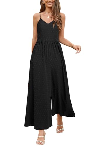 LAISHEN Jumpsuit Damen Sommer Overall Elegant Festlich Hochzeit Lang Hosenanzug Weites Bein Hose Playsuit mit Taschen (Schwarz, M)