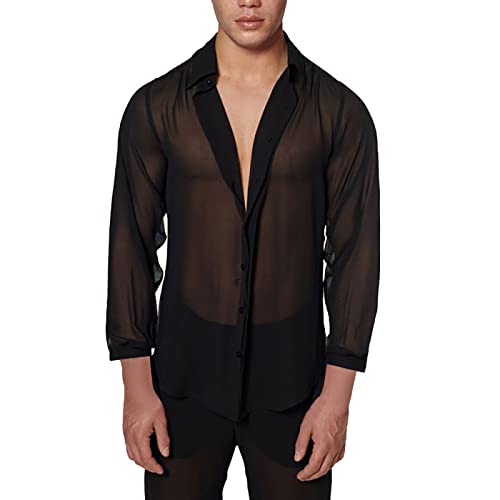 Herren Mesh Shirt Männer Transparent Shirts Langarm Hemd Durchsichtig Clubwear Langarmshirt Transparent Netzhemd Mesh Top Netz Shirt Hemd Unterwäsche Unterhemd Untershirt Netzhemd