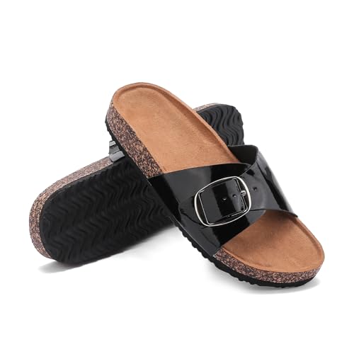 Damen Pantoletten Cozy Bequem Clogs Sandalen, Kork-Fussbett Leder Big Buckle Sommer Rutschfeste Weich Schlappen, Leicht Elastisch Orthopädische Hausschuhe Original Mules Slides Sommerschuhe