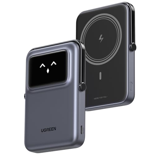 UGREEN UNO Wireless Powerbank 10000mAh Magnetische Power Bank mit USB-C Schnellladefunktion 20W und Ständer kabellos MagSafe kompatibel mit iPhone 16 Pro Max/16 Pro/16/15 Pro Max/Pro/15/14(Schwarz)