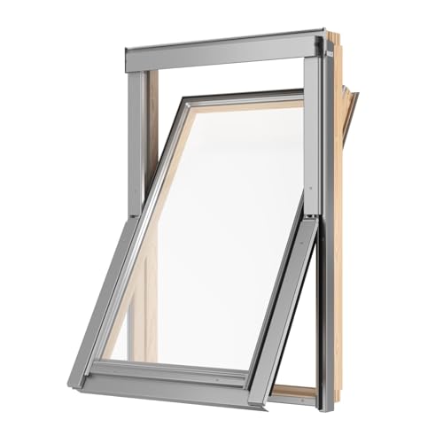 BAUBAY 78x118 cm Dachfenster aus Holz | Fenster mit 2-fach Verglasung | inkl. Eindeckrahmen für Dachziegel, Ebene Ziegel, Biberschwanz (bis 50 mm) + Dämm- und Anschluss-Set)