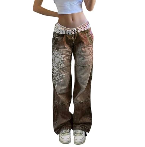 Gerade Hose im Streetstyle mit Print und mittelhohem Bund - Distressed-Jeans - Braun - S