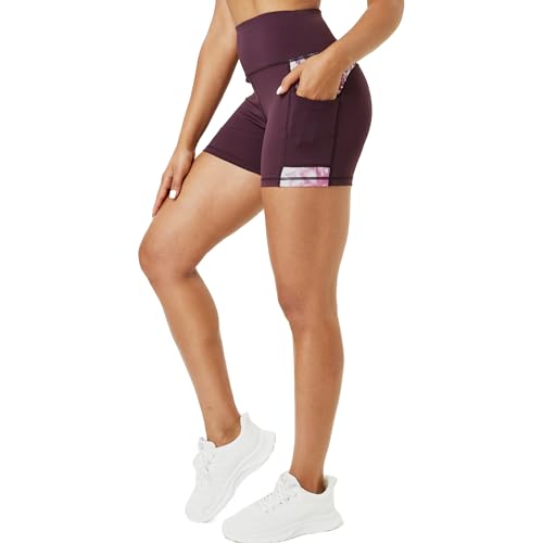 Evievit Sporthose Damen Kurz mit Taschen, Sport Shorts Damen High Waist, Blickdicht Kurze Leggings Damen Sport, Kurze Sporthose Damen for Gym Outdoor Lila,M