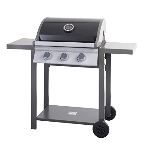Dangrill Frigg 300 OS Gasgrill (3 leistungsstarke Edelstahlbrenner 3,3kW / Stück, Kochbereich: 60x 41,5 cm, 3-facher Brennerschutz in Aluminium, 2 Seitenablagen) Schwarz
