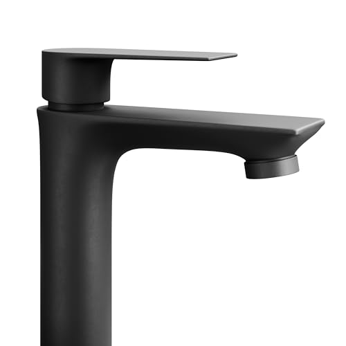 Planetmöbel Wasserhahn Bad-Mischbatterie, Waschtischarmatur mit Keramik Kartusche, Armatur für Waschbecken Badezimmer, Einhebelmischer, Höhe 17 cm, schwarz matt