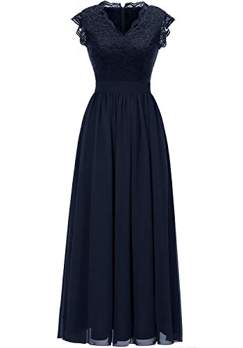 Dressystar Damen Elegant Ballkleider V-Ausschnitt Flora Spitze Chiffon Lang Cocktailkeider Abendkleider Marineblau L