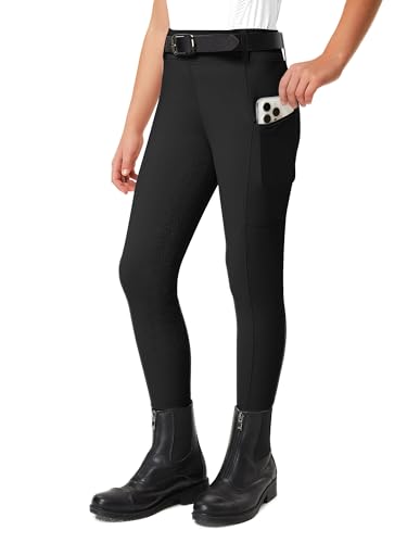 FitsT4 Sports Reithose Kinder Mädchen Reitleggings Reiterhosen Silikon Vollbesatz Reiten Hosen Sommer mit 2 Seitlichen Taschen und Gürtelschlaufen,Schwarz,M