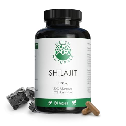 GREEN NATURALS Shilajit | Hochdosiert: 13.000 mg Tagesdosis | 10:1 Extrakt | 50% Fulvinsäure | 12% Huminsäure | 180 Kapseln | 3 Monate Vorrat | Mumijo Shilajit Kapseln | 100% Vegan & Ohne Zusätze