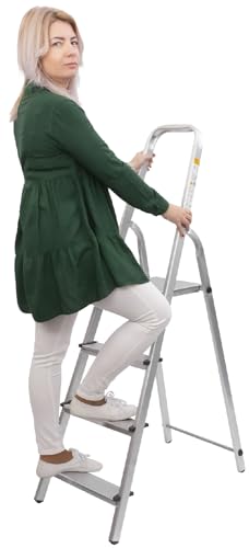 STREND PRO Trittleiter 4 Stufen Klappbar | max. 125kg | Haushaltsleiter 4 Stufen | Stehleiter 4 Stufen Alu für Arbeiten in Küche/Haushalt/Garage/Renovierung | Leiter 4 Stufen 1,50m/2,78m | Aluleiter
