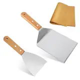 smtfcty Grillspachtel 2 Stücke Grillwender Set mit Holzgriff, Grillbesteck BBQ Werkzeugset Edelstahl inkl. Burgerpapier - Grill Pfannenwender für Smash Burger,Plancha Spachtel, Teppanyaki Zubehör