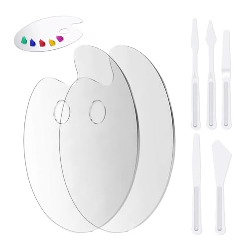 SGERUFZ 2 Pcs Klare Acryl Malpalette Ovale Kunstpalette Antihaft Öl Farbmischpalette für DIY Kunst Malerei 15 * 25cm Mit 5 Plastikschaber
