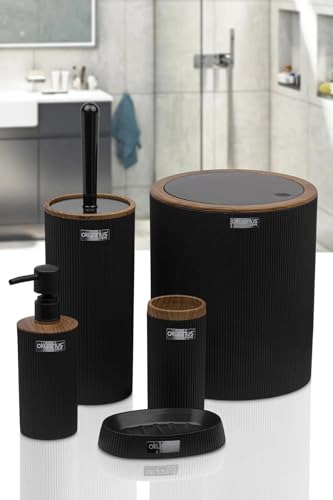 Okyanus Home Badezimmerset - Modernes Holz-Badezimmer Zubehör-Set in Schwarz - Seifenschale, Zahnbürstenhalter, Lotionsflasche, Mülleimer, Toilettenbürste - Lackiert oder Poliert