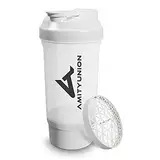 Eiweiß Shaker FYRA 700ml - BPA frei mit Container & Pulverfach, Protein Shaker mit Sieb und Skala für Whey und BCCA Shakes, Fitness Trinkflasche für Smoothie Isolate & Diät Sport Konzentrate in Weiß