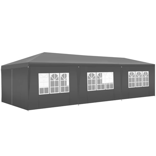 tectake® Pavillon 3x9 m, Gartenpavillon mit 8 abnehmbaren Seitenteilen und 6 Fenstern, Campingzelt mit wasserdichter Plane mit UV-Schutz, Partyzelt für Garten Fest Party Event Hochzeit Festival - grau