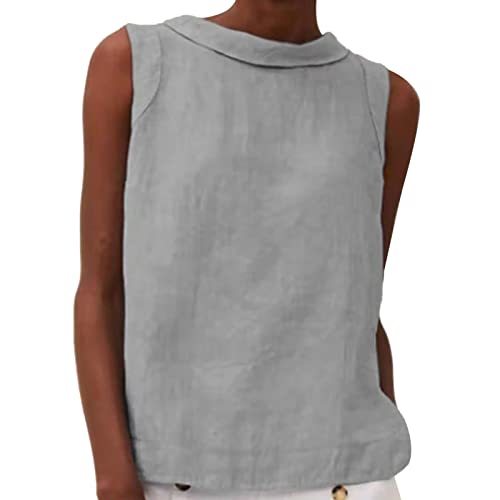 CGGMVCG Damen Leinen Tank Tops Einfarbig Big Drop Kragen Lose Plissee Zwei Frauen ärmellose Tops, Grau, S
