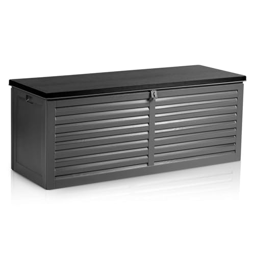 Plonos Gartenbox Auflagenbox Groß Aufbewahrungsbox Kapazität 390l Kissenbox Outdoor Sitzbank Wetterfest Abschließbar mit Deckel 143 x 57 x 53,5 cm Schwarz Grau