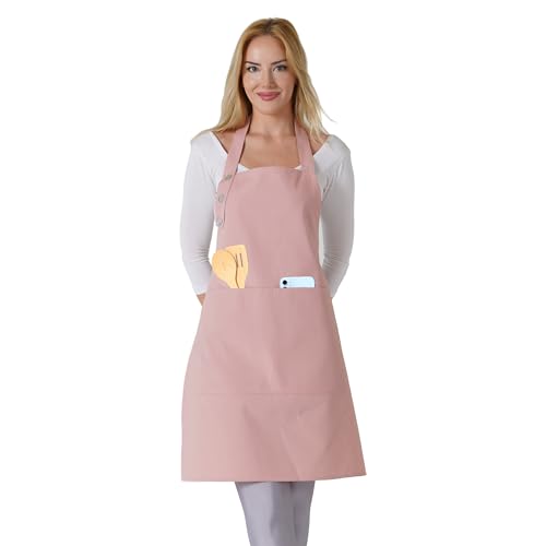 TOSHE Küchenschürze, wassertropfenresistent, Baumwollschürze mit verstellbaren Schürzen für Damen, mit Taschen, 10 Farboptionen, Kochschürze (Puderrosa)