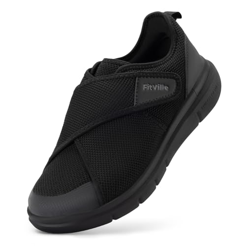 FitVille Diabetiker Schuhe Herren Extra Weit Gesundheitsschuhe mit Klettverschluss Senioren Orthopädische Schuhe Hausschuhe Walking Schuhe für Geschwollene Füße,Schwarz,42 EU,X-Weit