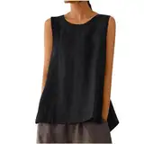 Leinen-Tops für Damen, Leinen-Top, Rundhalsausschnitt, ärmellos, Sommerhemden, lässig, lockere Passform, elegantes Tanktop, Schwarz , M