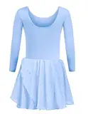 trudge Kinder Ballettkleidung Mädchen Ballettkleider Langarm Ballett Trikot mit Chiffon Tütü Tanzkleid Ballettanzug Blau 140/5-6 Jahre