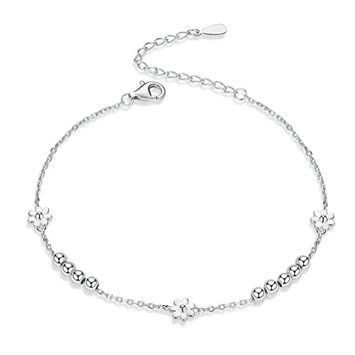 Lafeil 925 Sterling Silber Gänseblümchen Blumenarmband Silberkugel Perlen Verstellbare Fußkette Mädchen Schwester Kind Mutter Schmuck Abschlusssaison Geschenk