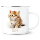 Katze Emaille Tasse Kinder Trinkbecher personalisierte Kindertasse mit Namen süßer Kinderbecher für Mädchen & Jungen Geschenk Emaille Becher 300 ml