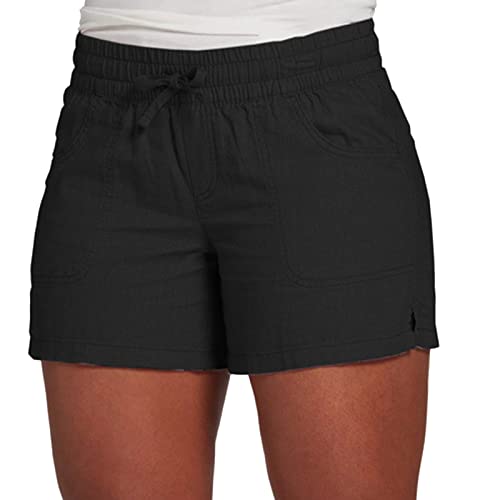 rtdgcv Frauen Casual Elastische Taille Sommer Kordelzug Baumwolle Shorts Damen Strand Mit Tasche Bequem Damen Shorts Für Den Sommer Summer Damen Shorts Sport Shorts Damen Kurz (Black, L)