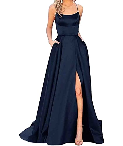 xxxiticat Damen Elegant Lange Ballkleider mit Taschen Satin A-Linie Backless Hochzeitskleid Abendkleider Sexy Neckholder Spaghetti Brautkleid Kleider Lang Prinzessin Brautjungfer Kleid (ZQ-L)