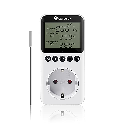 KETOTEK Tag Nacht Thermostat Steckdose Digitaler Temperaturregler mit 3M Fühler Timer Heizung Kühlung Steckerthermostat mit Zeitschaltuhr für Gewächshaus Terrarium Reptilie