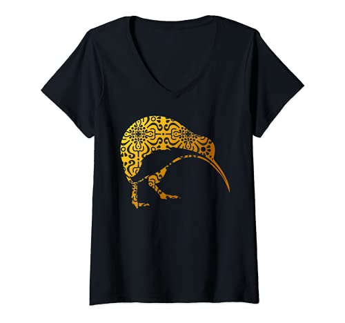 Damen Maori Kiwi Tribal Aboriginal New Zealand Bird Art T-Shirt mit V-Ausschnitt