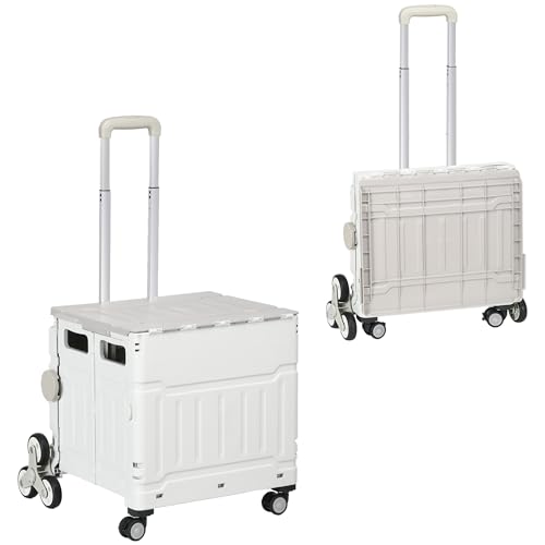 HOMCOM Einkaufstrolley Klappbar, Einkaufswagen mit Verstellbarem Teleskop-Griff, Treppensteiger mit Deckel, Transportwagen bis 80 kg Tragbar, Weiß