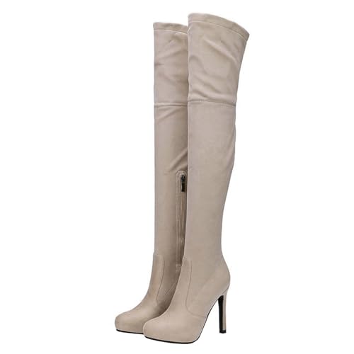 GBBRZKTB High Heels Damen Overknee Stiefel Stretch Wildleder Stilettoabsatz Runder Spitze Overknee Stiefel Partykleid Pumps 11cm,Beige-42
