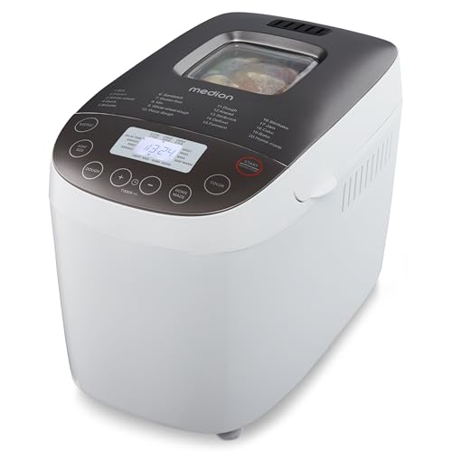 MEDION Brotbackautomat (Brotbackmaschine, 950 Watt, bis zu 1600g, 20 Backprogramme, 3 Bräunungsgrade, Warmhaltefunktion, Sichtfenster, Zeitvorwahl, MD 12040)