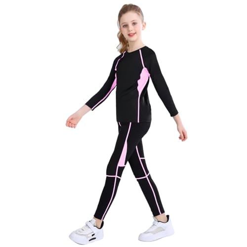 linboo Mädchen Sportanzug 2tlg Yoga Anzug mit Langen Ärmeln und Hosen, Kleidung Set, Atmungsaktiv und Elastisch, Outdoor eng anliegende Tanz- und Fitnessbekleidung für Kinder, Rosa, 128-134