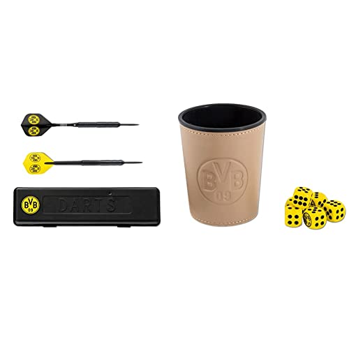 Borussia Dortmund BVB-Dartpfeile mit Aufbewahrungsbox, Schwarz/gelb & BVB-Würfelbecher-Set, 7 Stück (1er Pack)