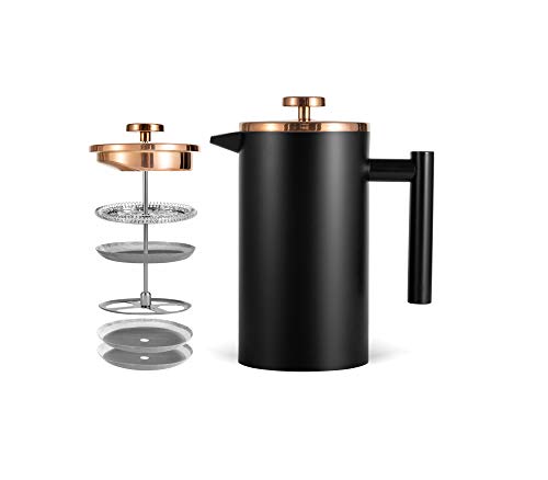 MaxMiuly Kaffeebereiter French Press 0,35 Liter Klein Kaffeezubereiter Doppelwandig Edelstahl Französische Kaffeepresse inikl. Ersatzfilter 350ml, 2 Tassen, Schwarz