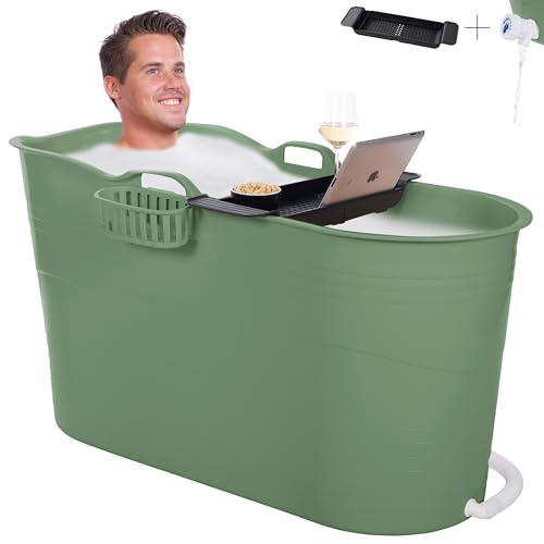 HelloBath® Badeeimer Für Eisbaden Und badefass Bade – XL, 122x56x64cm – Badewannen Mit Ablaufschlauch Und Abfluss Stopfen – Freistehender Pool Für Erwachsene, Kinder Und Haustiere (Sage Green)